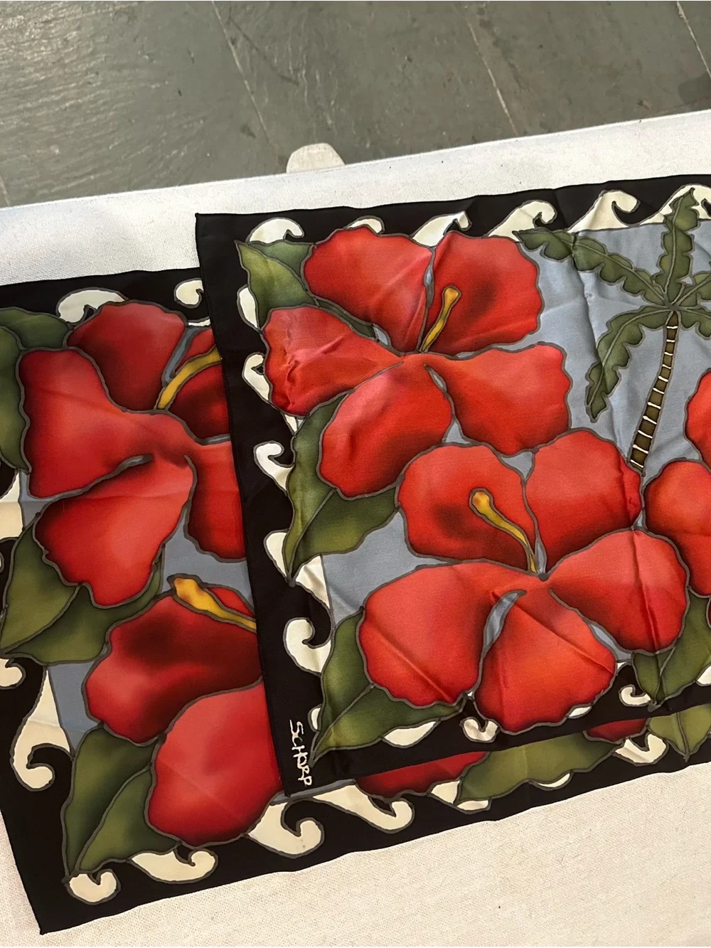 Red Floral Silk Scarf - Bold Red & Green Print